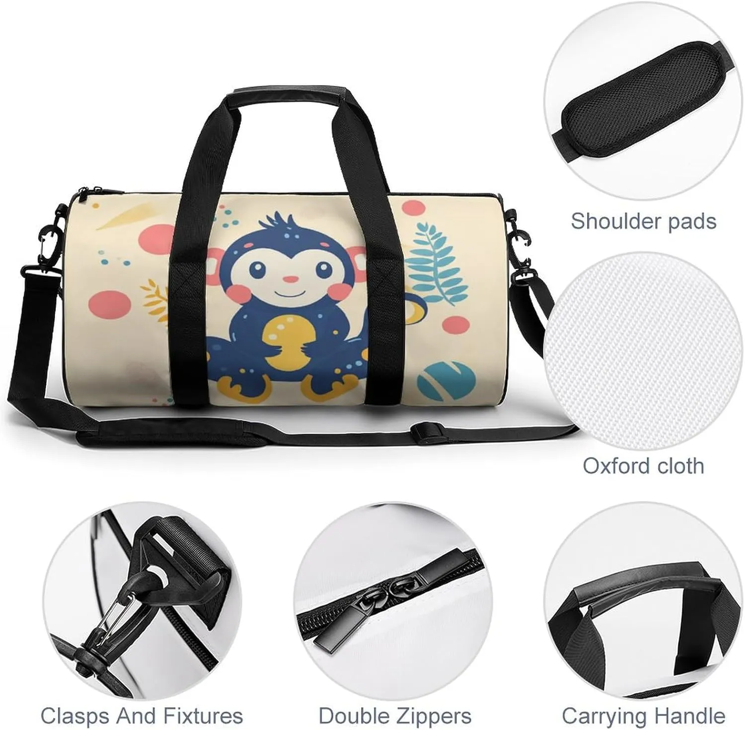 Gym Bag for Men Women Lightweight Sports Duffle Bag with Multiple Compartments Cylindrical Gym Bag for Fitness Travel And Outdoor Activities Ater Resistant Yoga Bag Training Bag Cheerful Monkey
