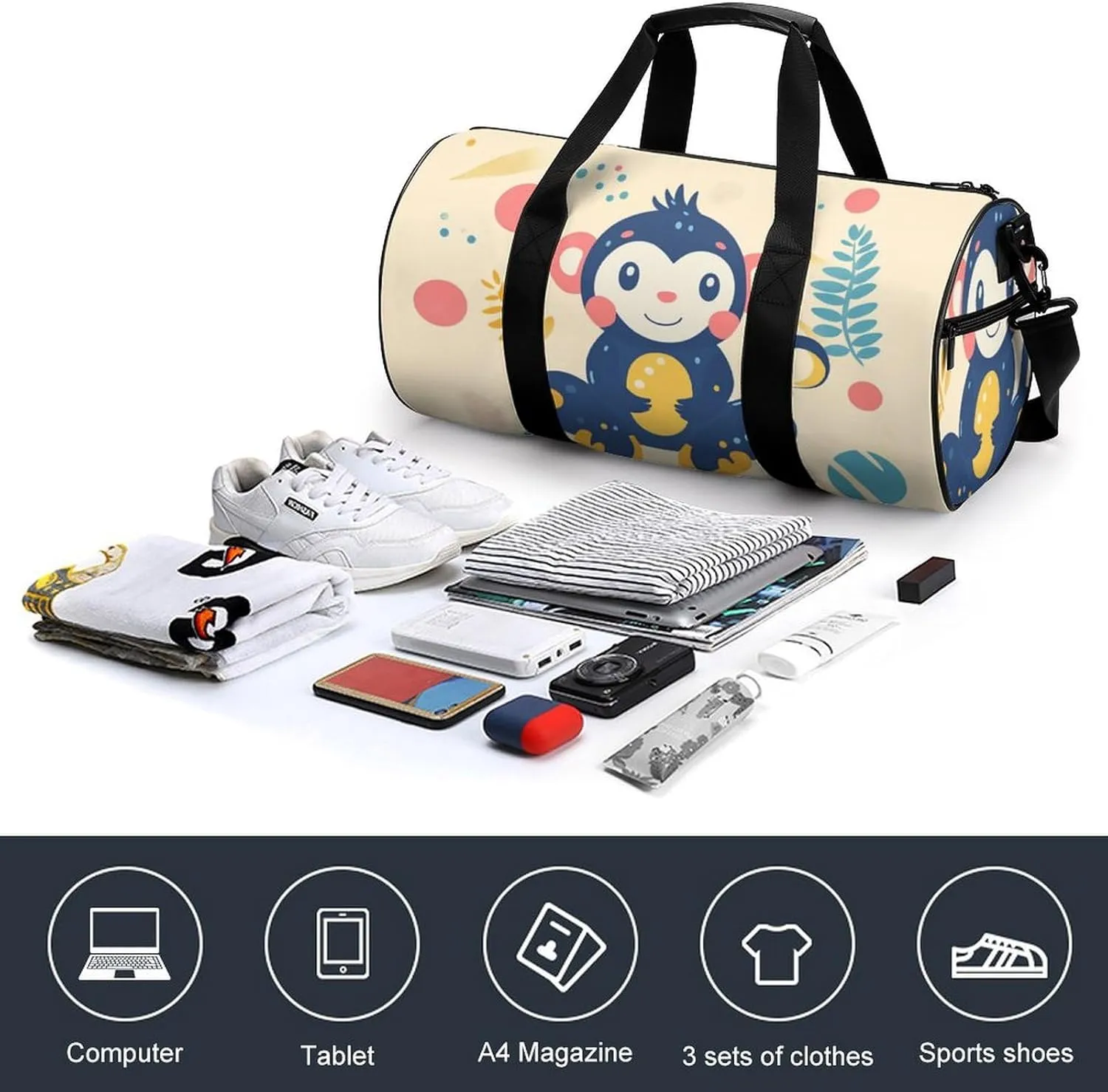 Gym Bag for Men Women Lightweight Sports Duffle Bag with Multiple Compartments Cylindrical Gym Bag for Fitness Travel And Outdoor Activities Ater Resistant Yoga Bag Training Bag Cheerful Monkey