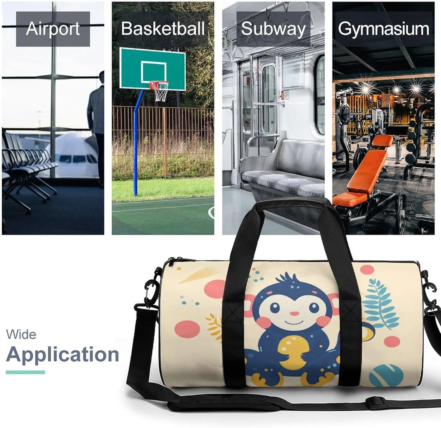 Gym Bag for Men Women Lightweight Sports Duffle Bag with Multiple Compartments Cylindrical Gym Bag for Fitness Travel And Outdoor Activities Ater Resistant Yoga Bag Training Bag Cheerful Monkey