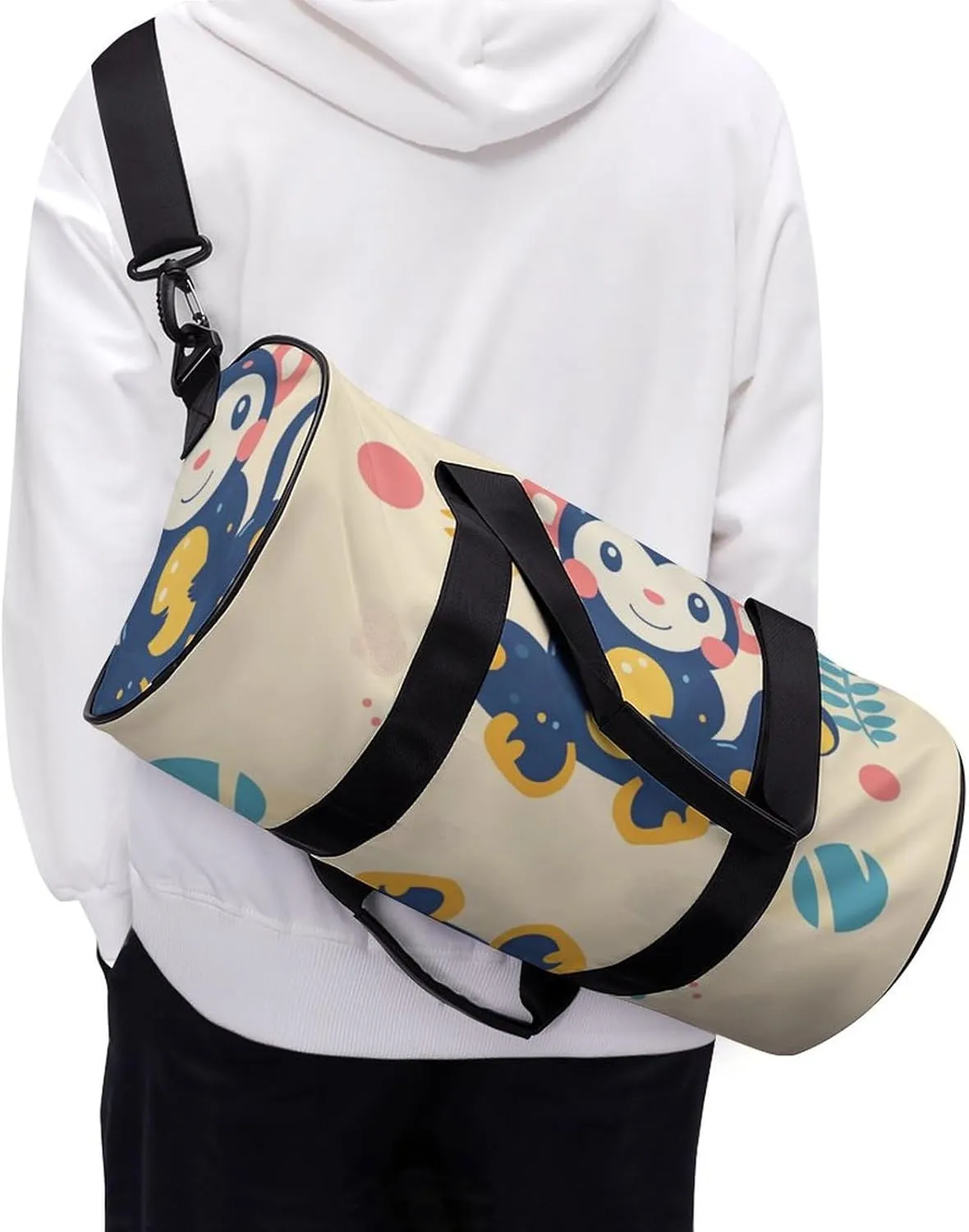 Gym Bag for Men Women Lightweight Sports Duffle Bag with Multiple Compartments Cylindrical Gym Bag for Fitness Travel And Outdoor Activities Ater Resistant Yoga Bag Training Bag Cheerful Monkey