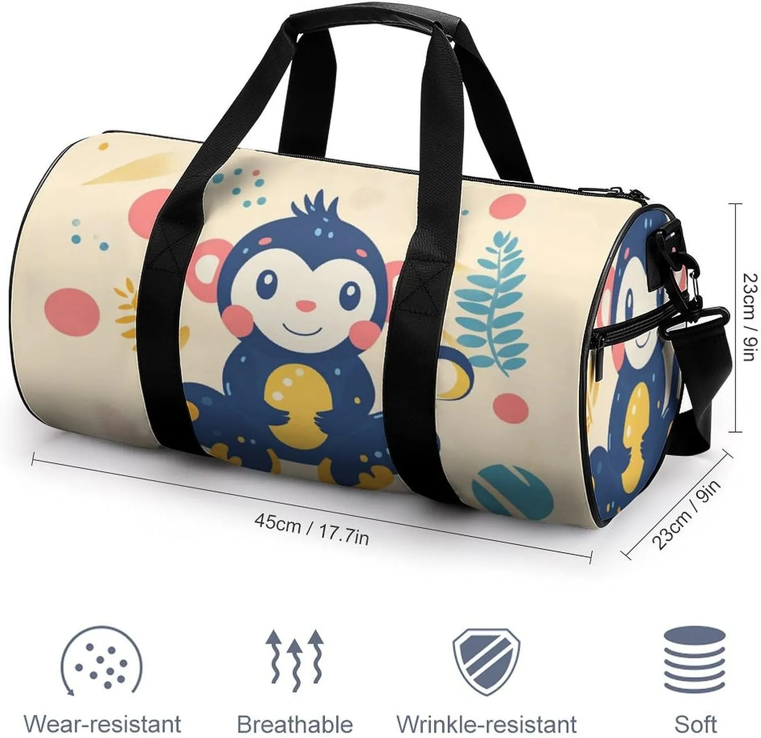 Gym Bag for Men Women Lightweight Sports Duffle Bag with Multiple Compartments Cylindrical Gym Bag for Fitness Travel And Outdoor Activities Ater Resistant Yoga Bag Training Bag Cheerful Monkey