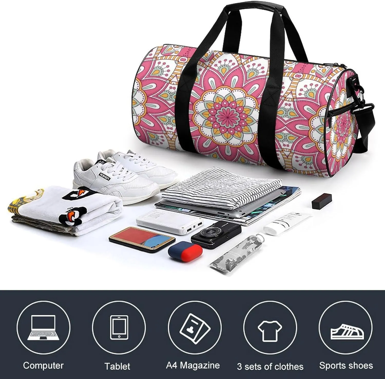 Gym Bag for Men Women Lightweight Sports Duffle Bag with Multiple Compartments Cylindrical Gym Bag for Fitness Travel And Outdoor Activities Ater Resistant Yoga Bag Training Bag Floral Paisley