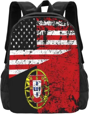 Half American Half Portugal Flag Travel Backpack Casual Backpacks 15 Inch Laptop Back Pack Lightweight Rucksack Outdoor Sport Daypack Large Bags for Working Camping Hiking