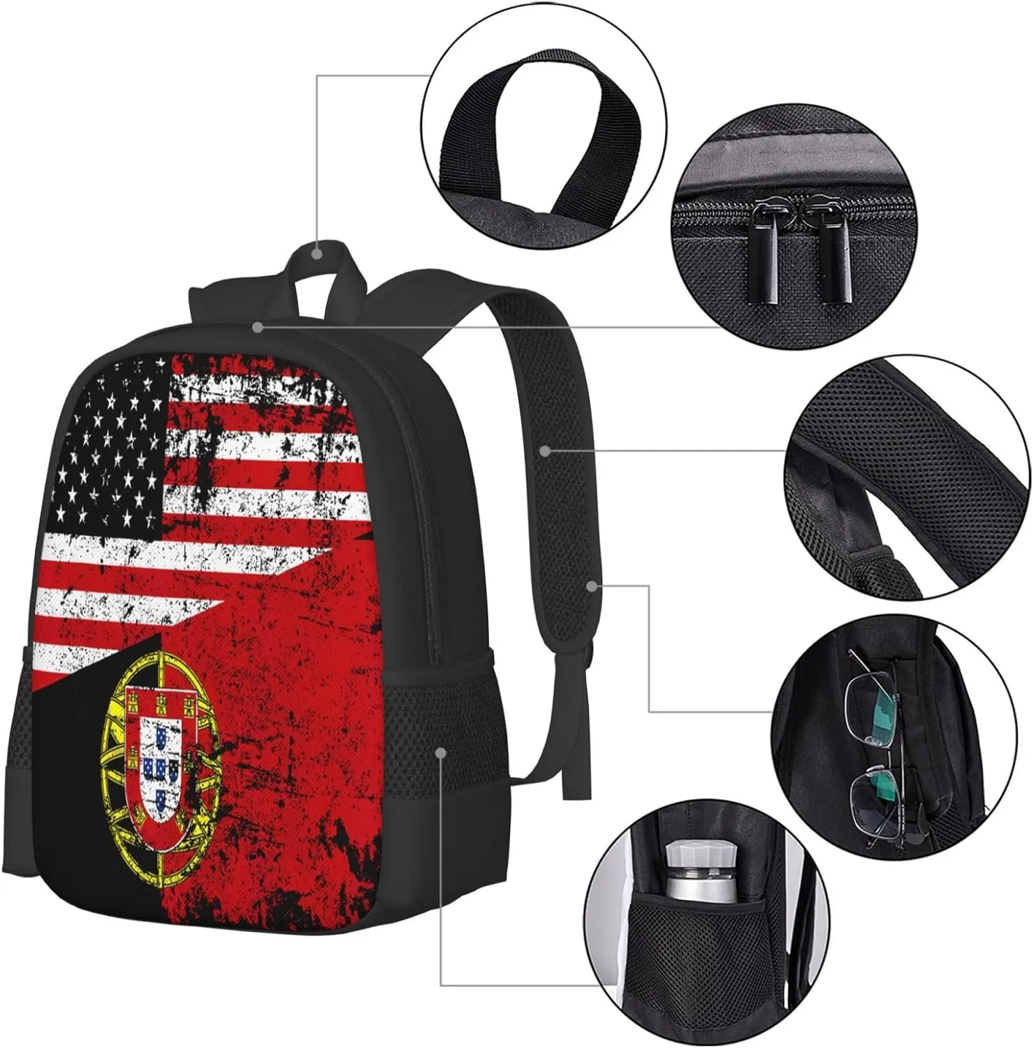 Half American Half Portugal Flag Travel Backpack Casual Backpacks 15 Inch Laptop Back Pack Lightweight Rucksack Outdoor Sport Daypack Large Bags for Working Camping Hiking