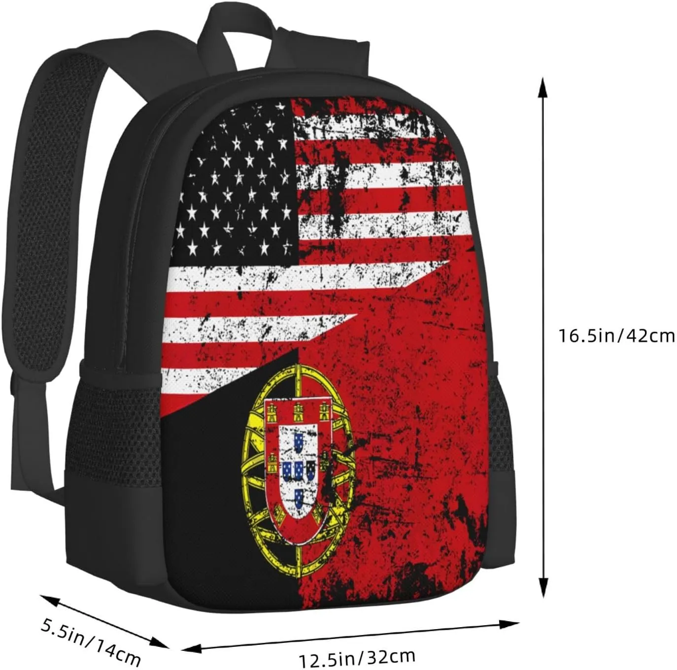 Half American Half Portugal Flag Travel Backpack Casual Backpacks 15 Inch Laptop Back Pack Lightweight Rucksack Outdoor Sport Daypack Large Bags for Working Camping Hiking