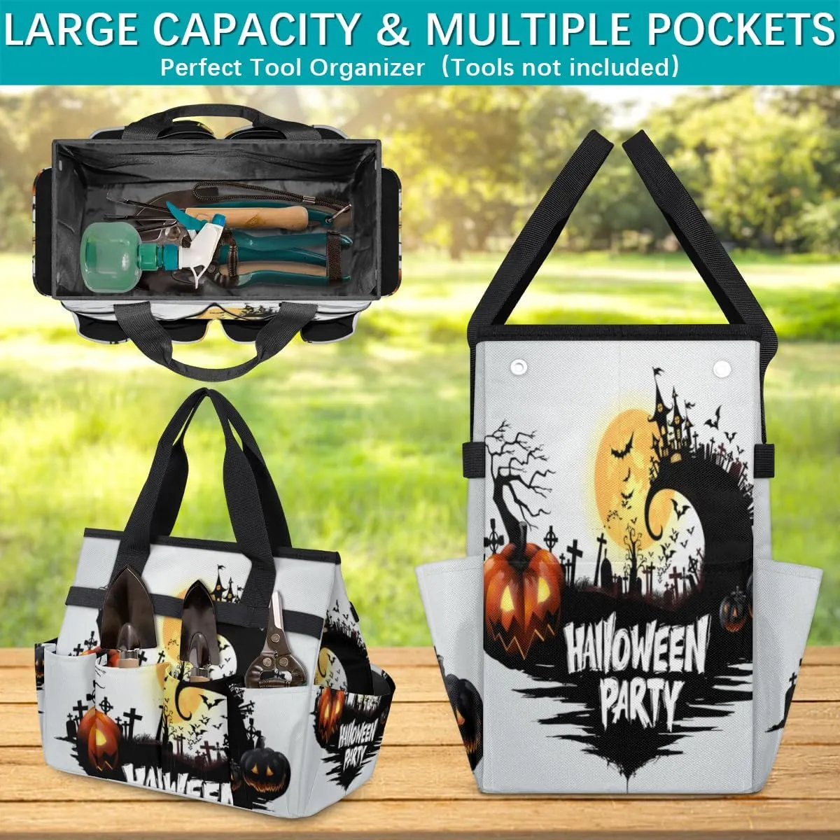 Halloween Party Garden Tool Tote Bag for Women Men Gardening Tool Storage Bags with 10 Pockets Standable Garden Home Tool Kits Organizer for Indoor Outdoor Gardening Gifts