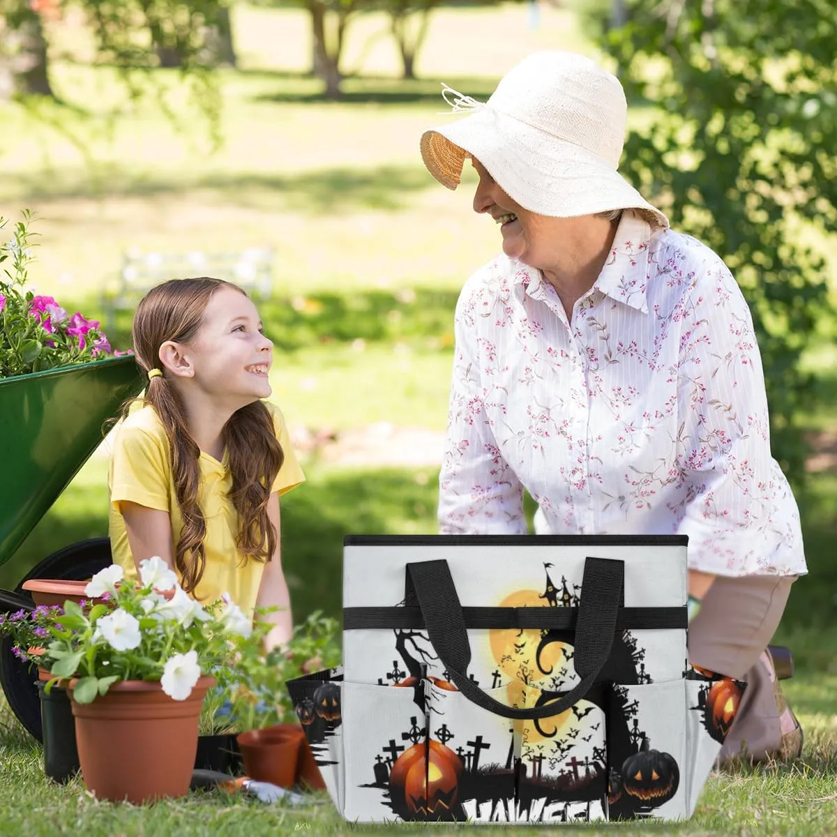 Halloween Party Garden Tool Tote Bag for Women Men Gardening Tool Storage Bags with 10 Pockets Standable Garden Home Tool Kits Organizer for Indoor Outdoor Gardening Gifts