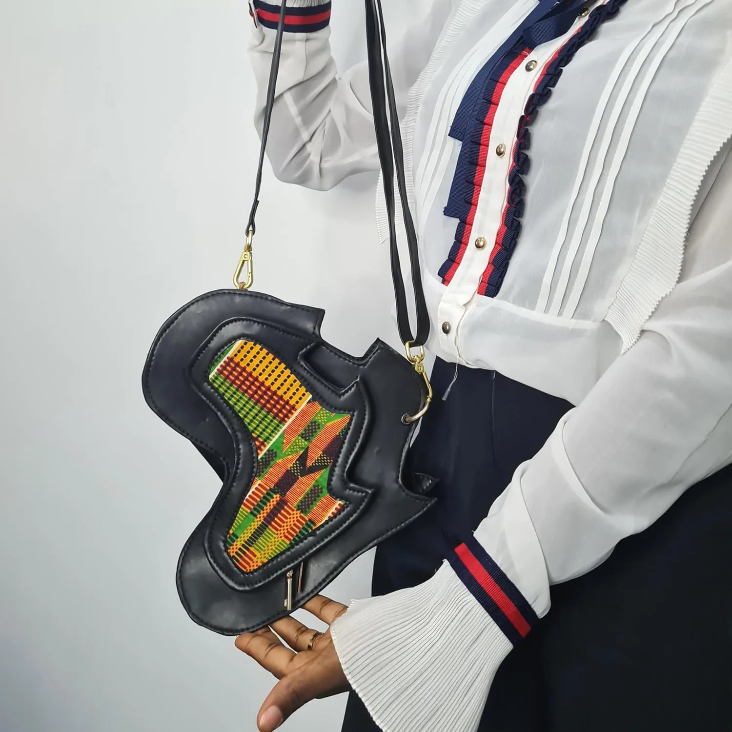 Handmade Africa-Shaped Leather Cross Bag With Zipper | Shoulder Bag with Kente Print, Unisex Bag