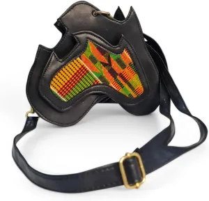 Handmade Africa-Shaped Leather Cross Bag With Zipper | Shoulder Bag with Kente Print, Unisex Bag