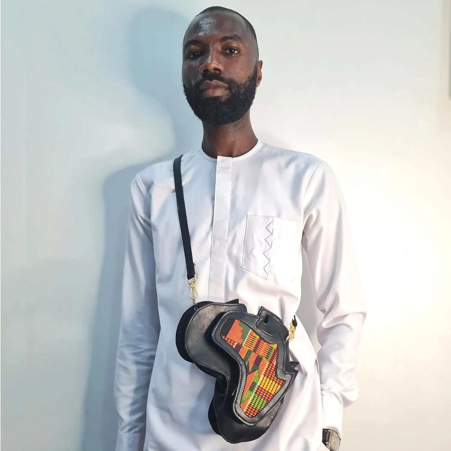 Handmade Africa-Shaped Leather Cross Bag With Zipper | Shoulder Bag with Kente Print, Unisex Bag