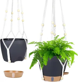 Hanging Planter Self Watering 8 Inch, 2 Pack Hanging Baskets for Plants, Hanging Flower Pots with Drainage Hole & 2 Kinds of Plant Hangers for Garden Home Decor (Black, 8 inch)