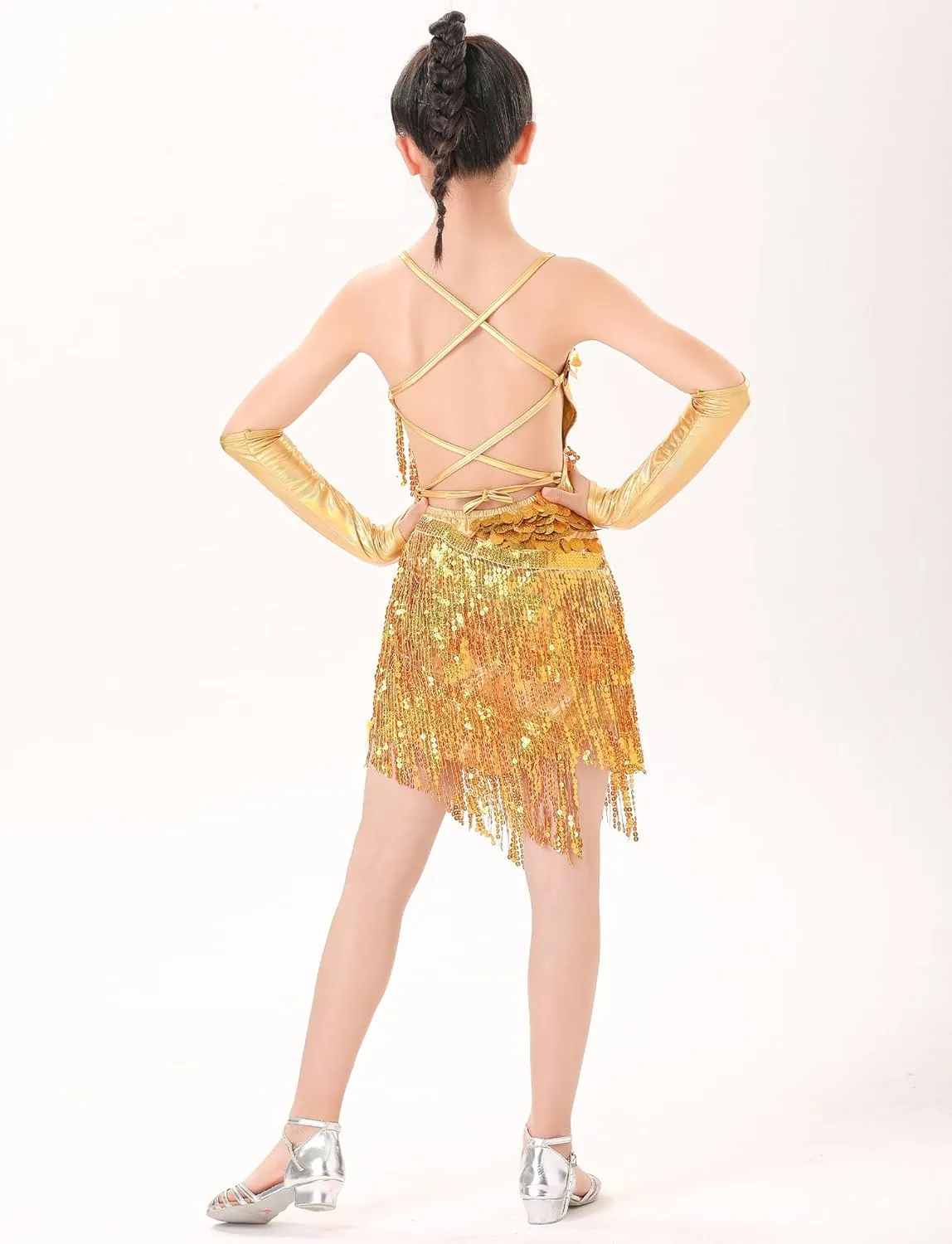 Happy Cherry Dance Costumes for Girls Sequin Fringe Latin Jazz Dance Dress with Sleeves Kids Sparkly Tassel Swift Outfit