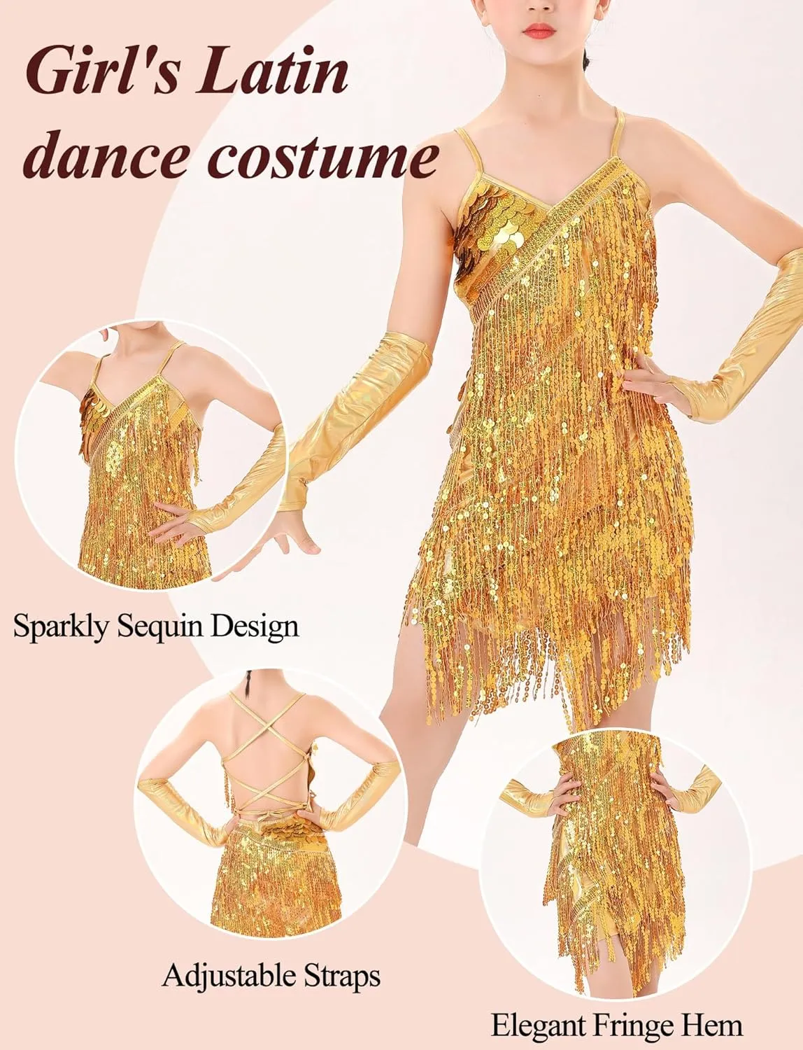 Happy Cherry Dance Costumes for Girls Sequin Fringe Latin Jazz Dance Dress with Sleeves Kids Sparkly Tassel Swift Outfit