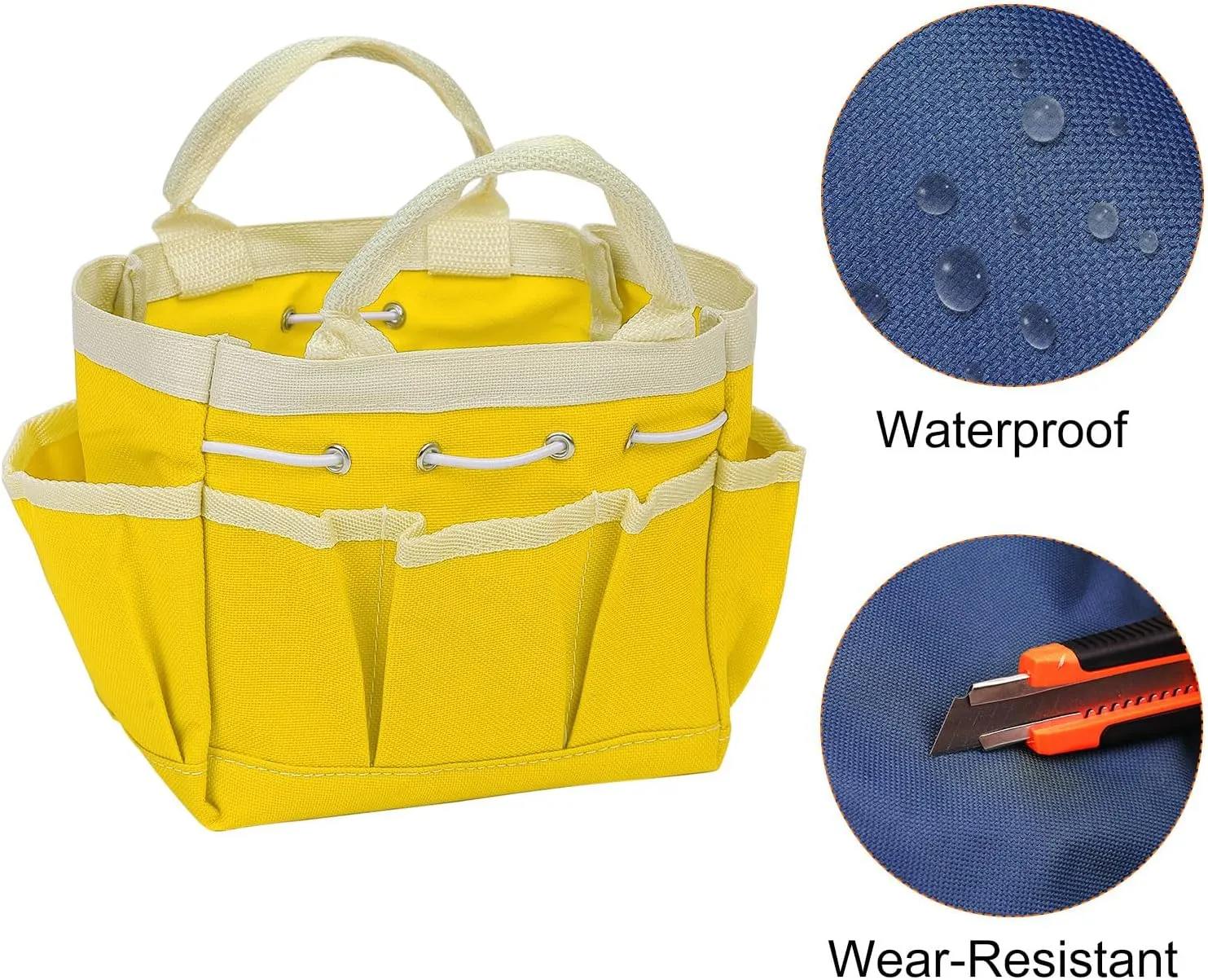 HARFINGTON Small Garden Tool Bag 7.5" x 4" x 5" Oxford Waterproof with Pockets Garden Tote Bag Gardening Plant Tool Organizer Storage Carrier Store for Outdoor Children, Yellow