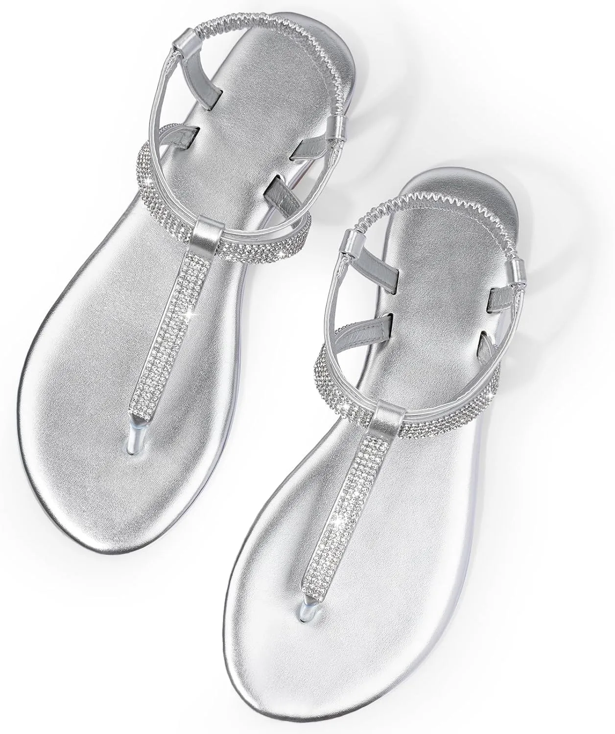 Harvest Land Women's Sandals Dressy T Strap with Rhinestone Sparkly Wedding Flat Sandals Ankle Strap Summer Gladiator Fashion Shoes