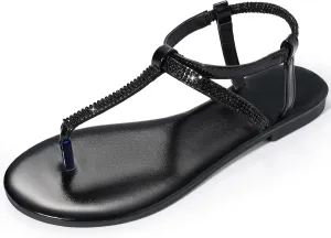 Harvest Land Women's Sandals Dressy T Strap with Rhinestone Sparkly Wedding Flat Sandals Ankle Strap Summer Gladiator Fashion Shoes
