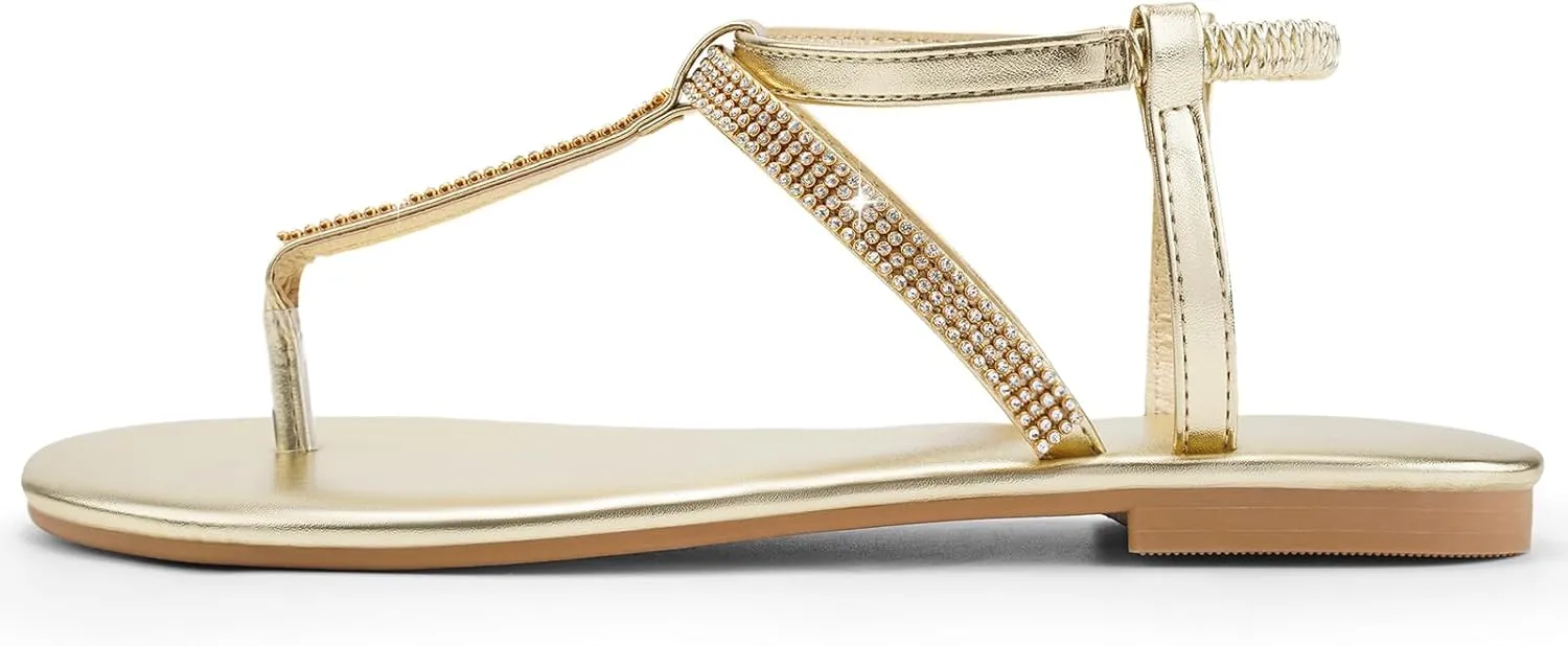 Harvest Land Women's Sandals Dressy T Strap with Rhinestone Sparkly Wedding Flat Sandals Ankle Strap Summer Gladiator Fashion Shoes
