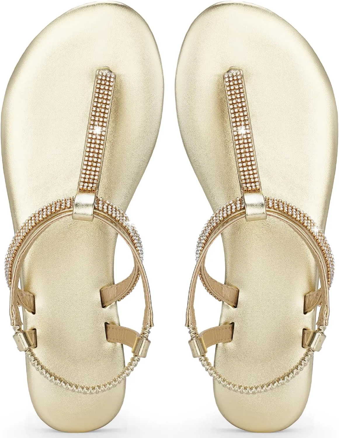 Harvest Land Women's Sandals Dressy T Strap with Rhinestone Sparkly Wedding Flat Sandals Ankle Strap Summer Gladiator Fashion Shoes