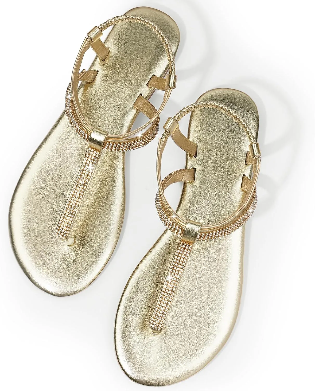 Harvest Land Women's Sandals Dressy T Strap with Rhinestone Sparkly Wedding Flat Sandals Ankle Strap Summer Gladiator Fashion Shoes