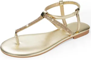 Harvest Land Women's Sandals Dressy T Strap with Rhinestone Sparkly Wedding Flat Sandals Ankle Strap Summer Gladiator Fashion Shoes
