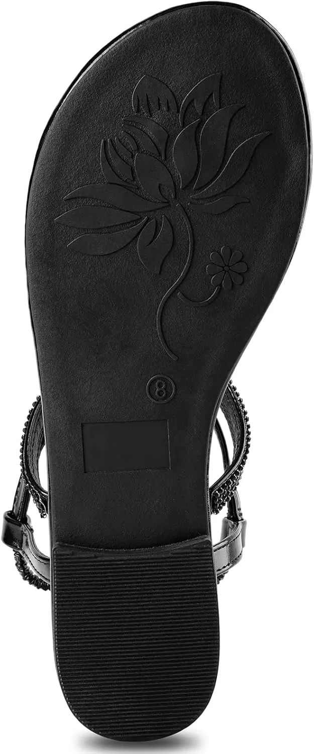 Harvest Land Women's Sandals Dressy T Strap with Rhinestone Sparkly Wedding Flat Sandals Ankle Strap Summer Gladiator Fashion Shoes