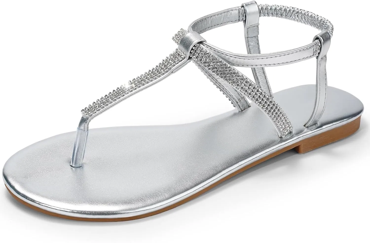 Harvest Land Women's Sandals Dressy T Strap with Rhinestone Sparkly Wedding Flat Sandals Ankle Strap Summer Gladiator Fashion Shoes