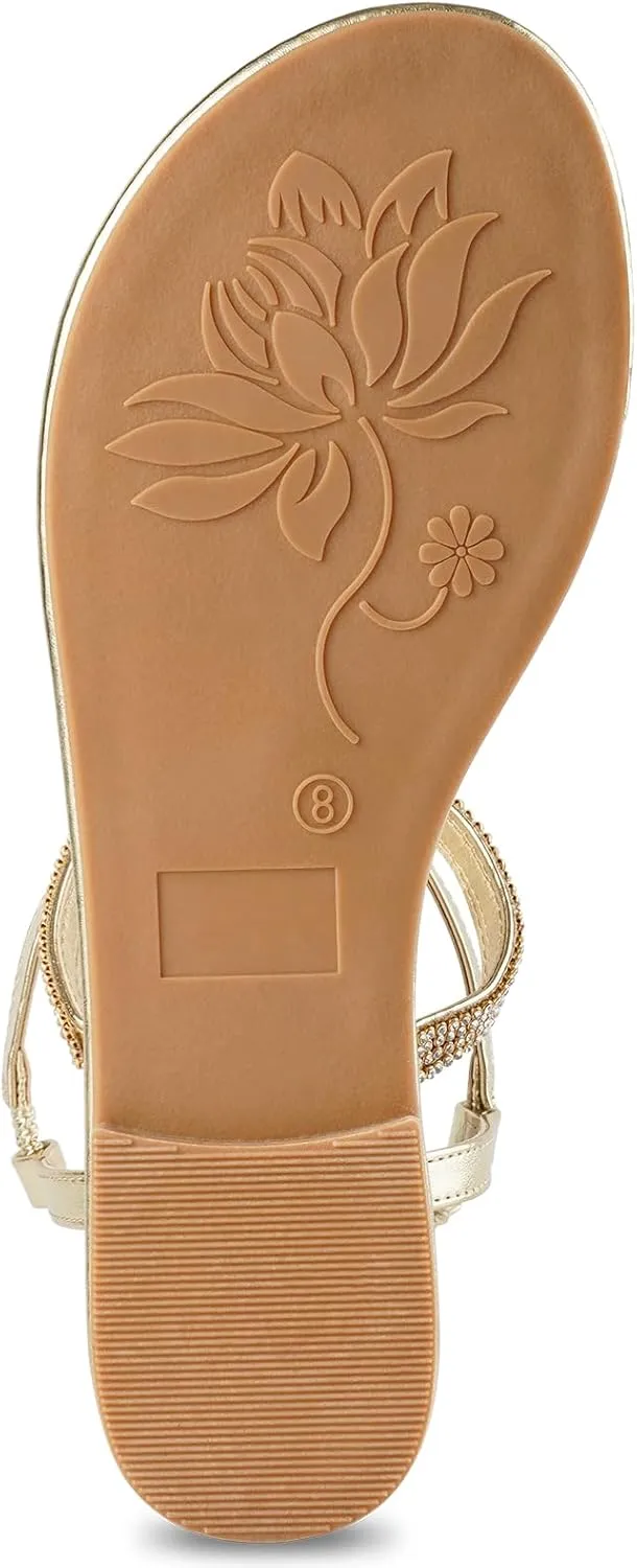 Harvest Land Women's Sandals Dressy T Strap with Rhinestone Sparkly Wedding Flat Sandals Ankle Strap Summer Gladiator Fashion Shoes
