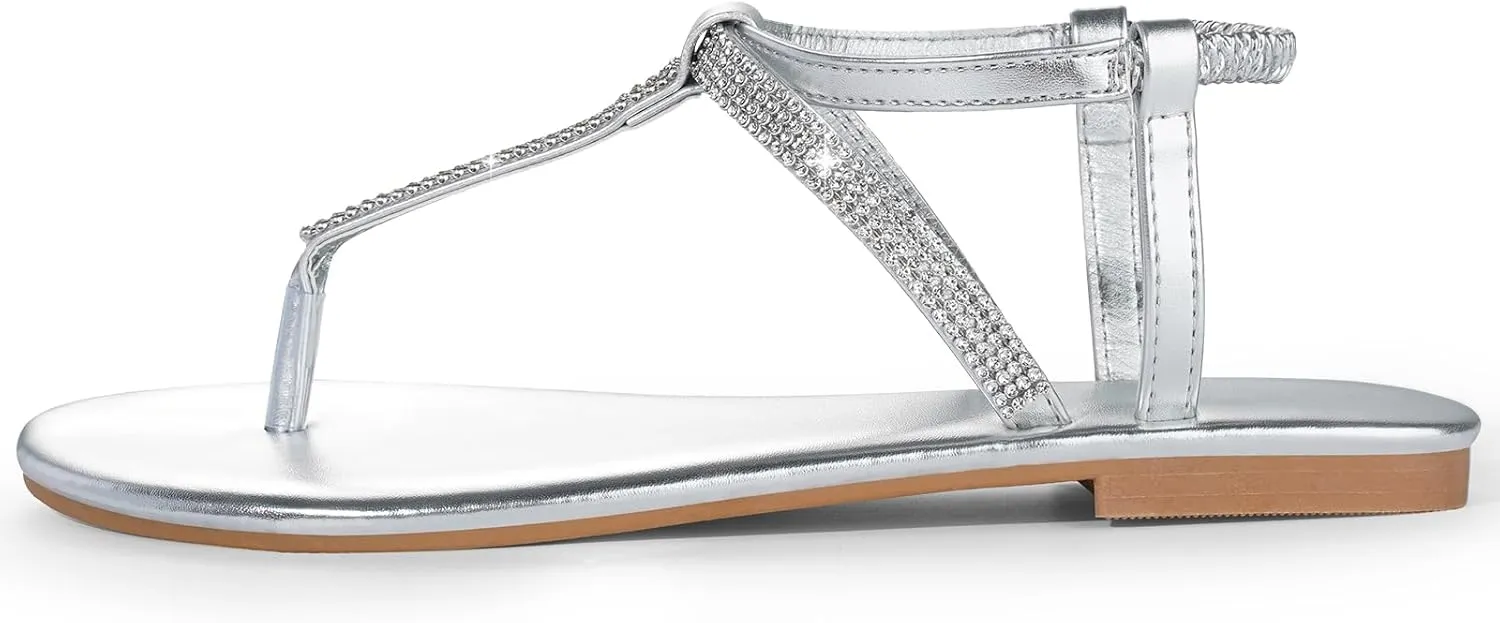 Harvest Land Women's Sandals Dressy T Strap with Rhinestone Sparkly Wedding Flat Sandals Ankle Strap Summer Gladiator Fashion Shoes