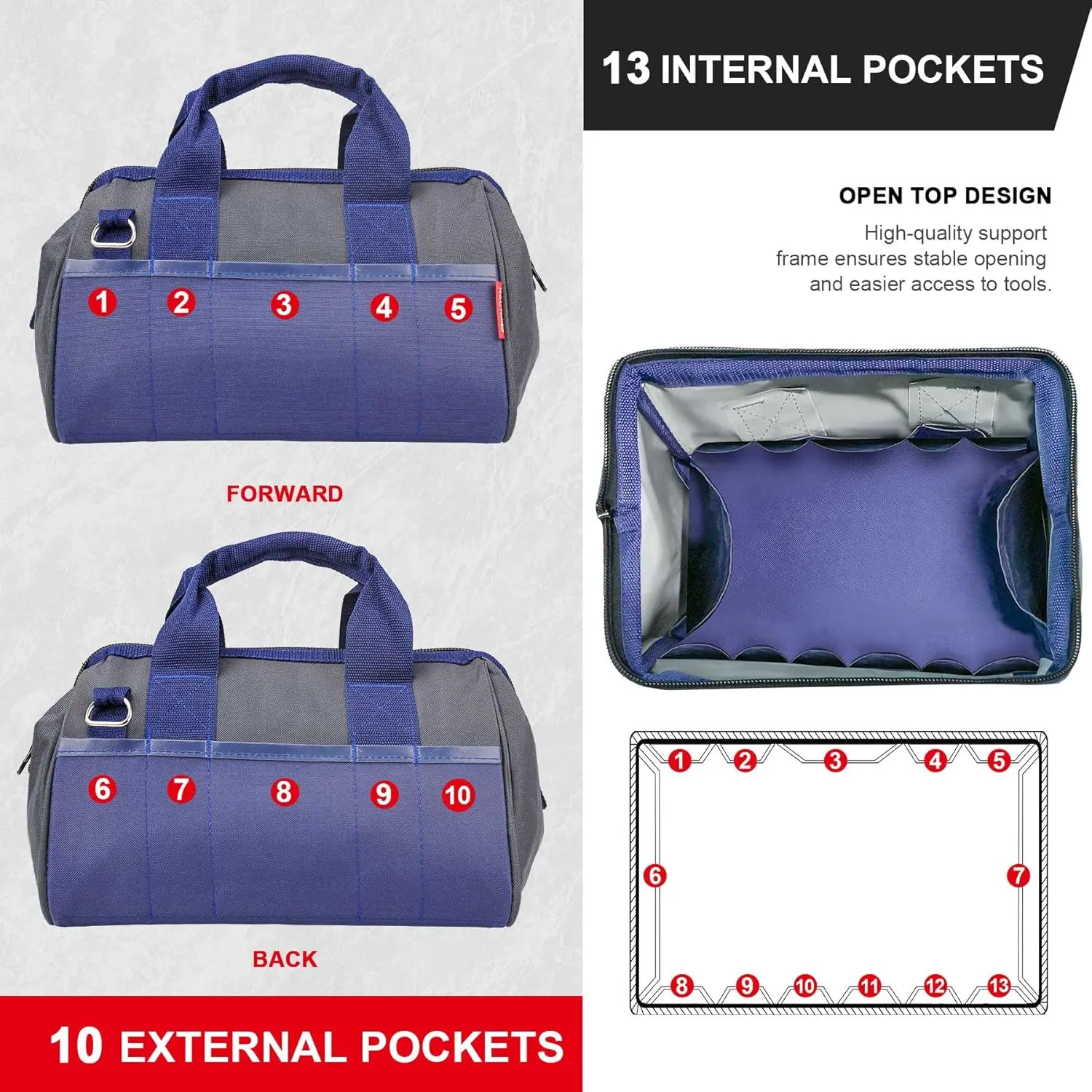 HAUTMEC Sturdy Waterproof Wide Mouth Tool Bag 12 Inch, Multi-pocket Folding Tote Bag, Strengthened Base HT0074-TB