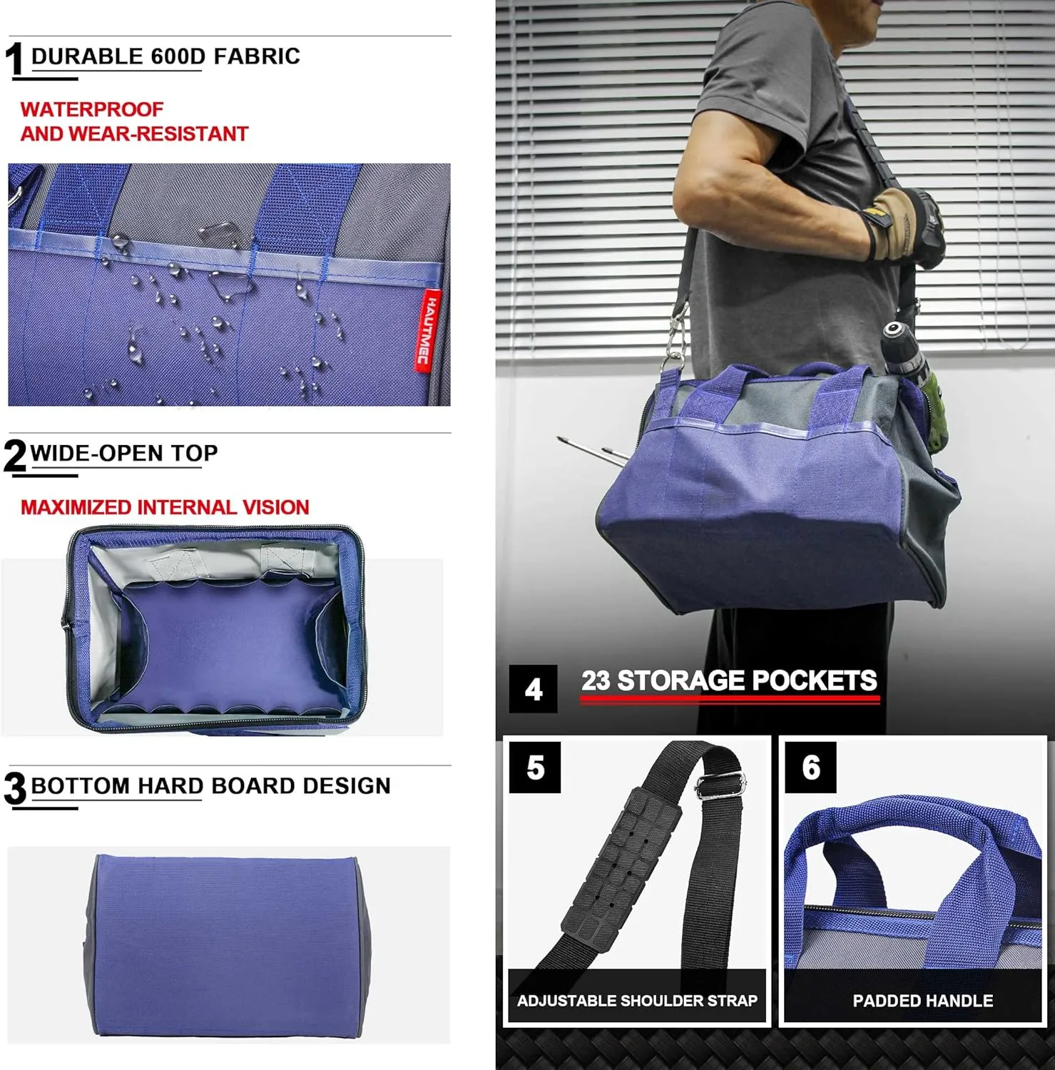 HAUTMEC Sturdy Waterproof Wide Mouth Tool Bag 12 Inch, Multi-pocket Folding Tote Bag, Strengthened Base HT0074-TB