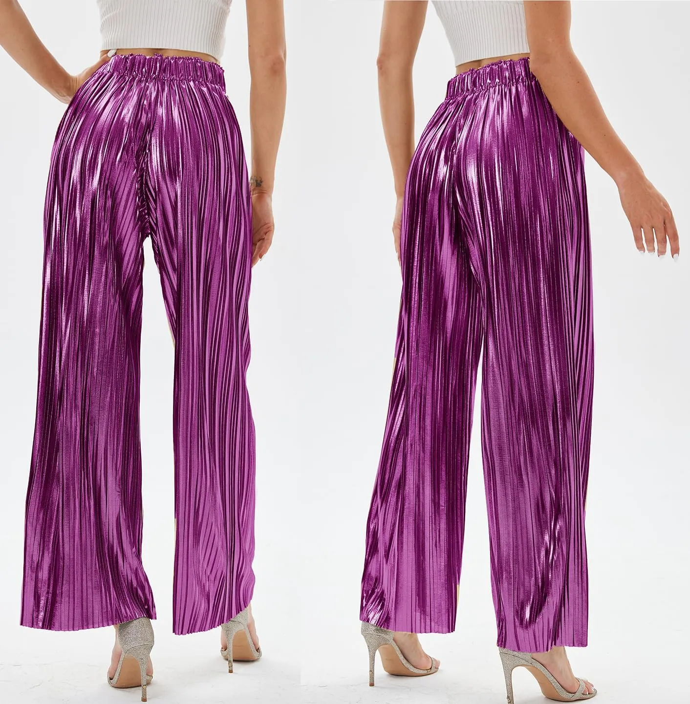 heipeiwa Women's Shiny Pleated Wide Leg Pants Party Nightout High Waist Trouser Folded Lightweight Outfit Clubwear