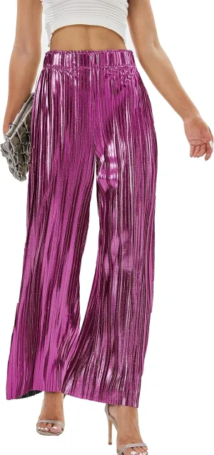 heipeiwa Women's Shiny Pleated Wide Leg Pants Party Nightout High Waist Trouser Folded Lightweight Outfit Clubwear