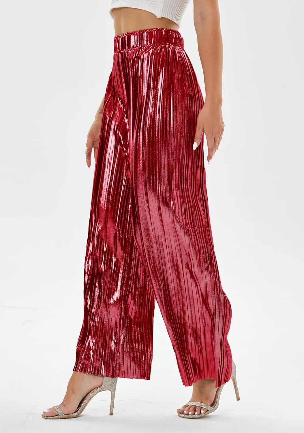 heipeiwa Women's Shiny Pleated Wide Leg Pants Party Nightout High Waist Trouser Folded Lightweight Outfit Clubwear