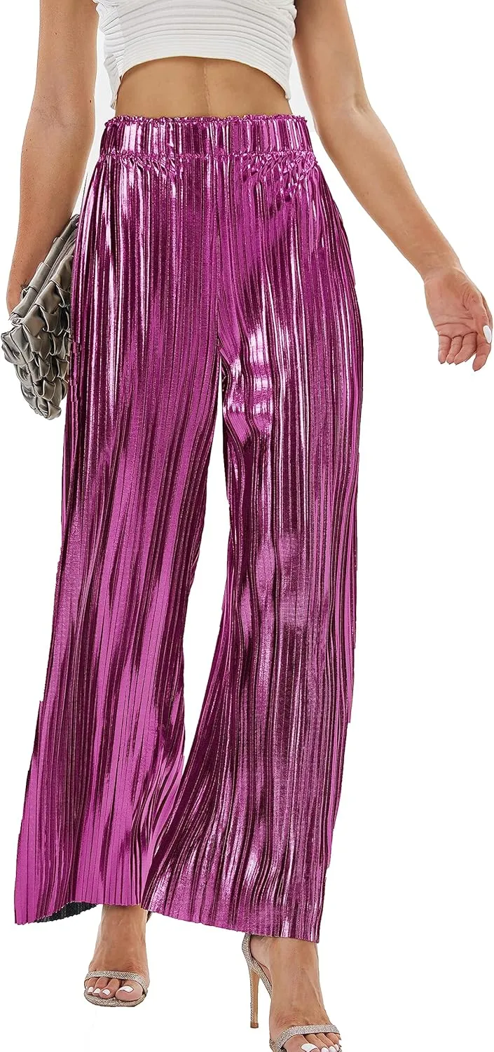 heipeiwa Women's Shiny Pleated Wide Leg Pants Party Nightout High Waist Trouser Folded Lightweight Outfit Clubwear