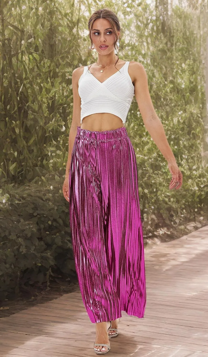 heipeiwa Women's Shiny Pleated Wide Leg Pants Party Nightout High Waist Trouser Folded Lightweight Outfit Clubwear