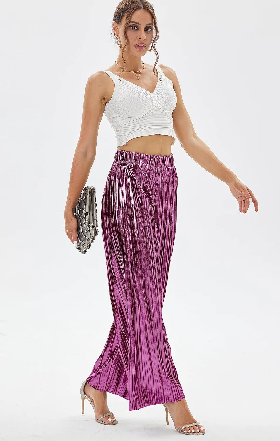 heipeiwa Women's Shiny Pleated Wide Leg Pants Party Nightout High Waist Trouser Folded Lightweight Outfit Clubwear