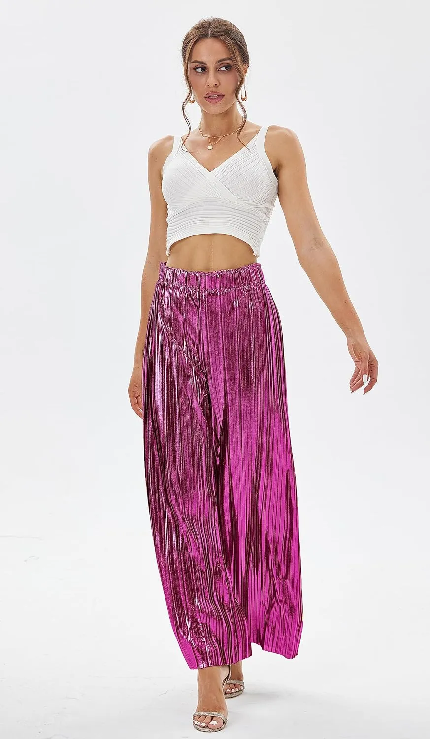 heipeiwa Women's Shiny Pleated Wide Leg Pants Party Nightout High Waist Trouser Folded Lightweight Outfit Clubwear