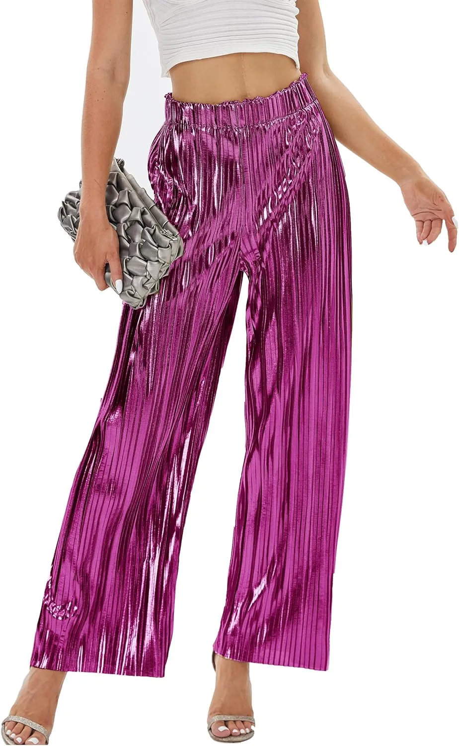 heipeiwa Women's Shiny Pleated Wide Leg Pants Party Nightout High Waist Trouser Folded Lightweight Outfit Clubwear
