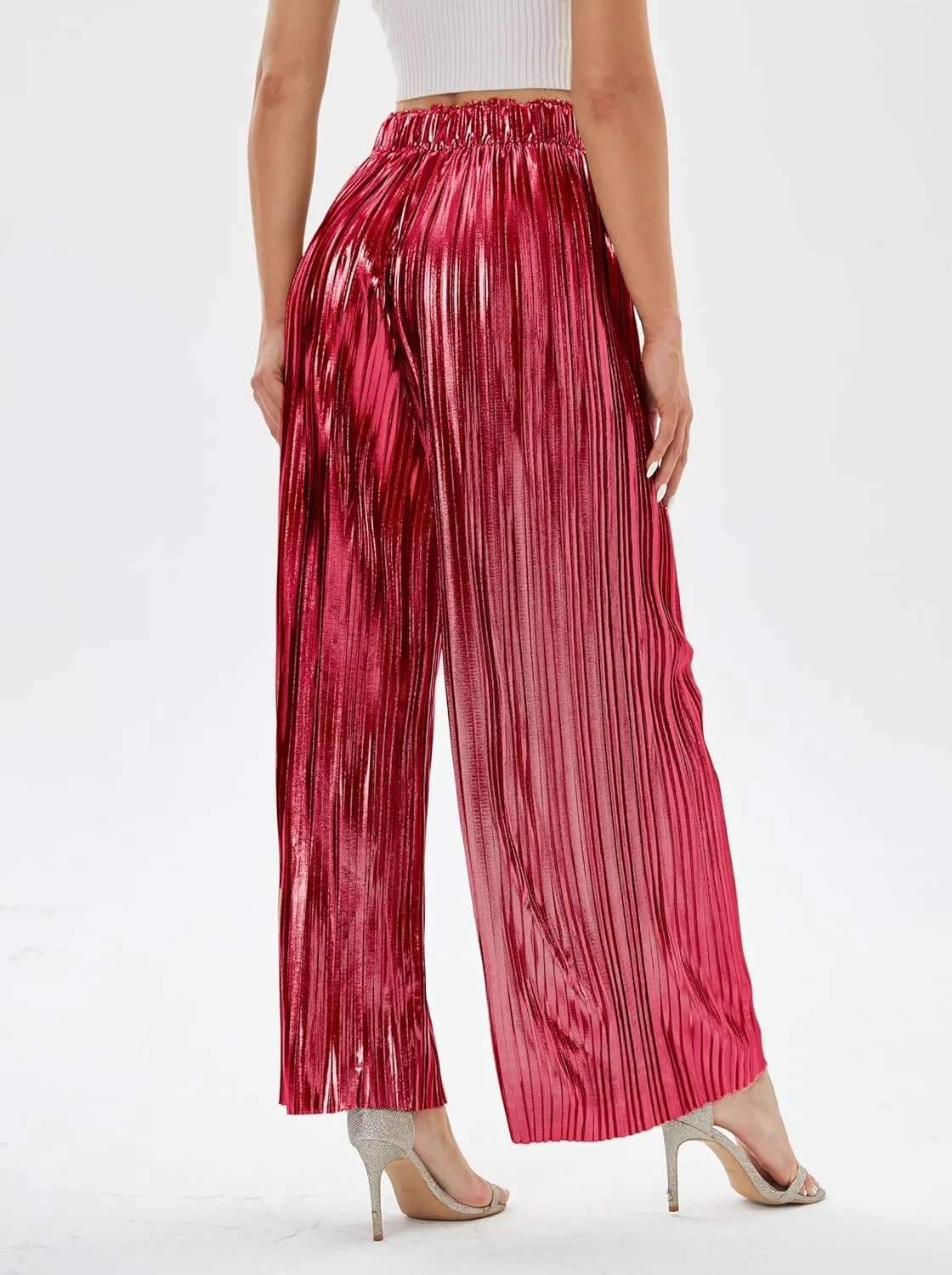 heipeiwa Women's Shiny Pleated Wide Leg Pants Party Nightout High Waist Trouser Folded Lightweight Outfit Clubwear