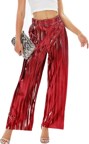 heipeiwa Women's Shiny Pleated Wide Leg Pants Party Nightout High Waist Trouser Folded Lightweight Outfit Clubwear