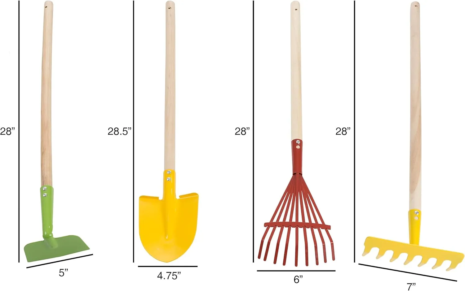 Hey! Play! Kid’s Garden Tool Set with Child Safe Shovel, Rake, Hoe and Leaf Rake– 4 Piece Gardening Kit with Long Wood Handles for Boys and Girls