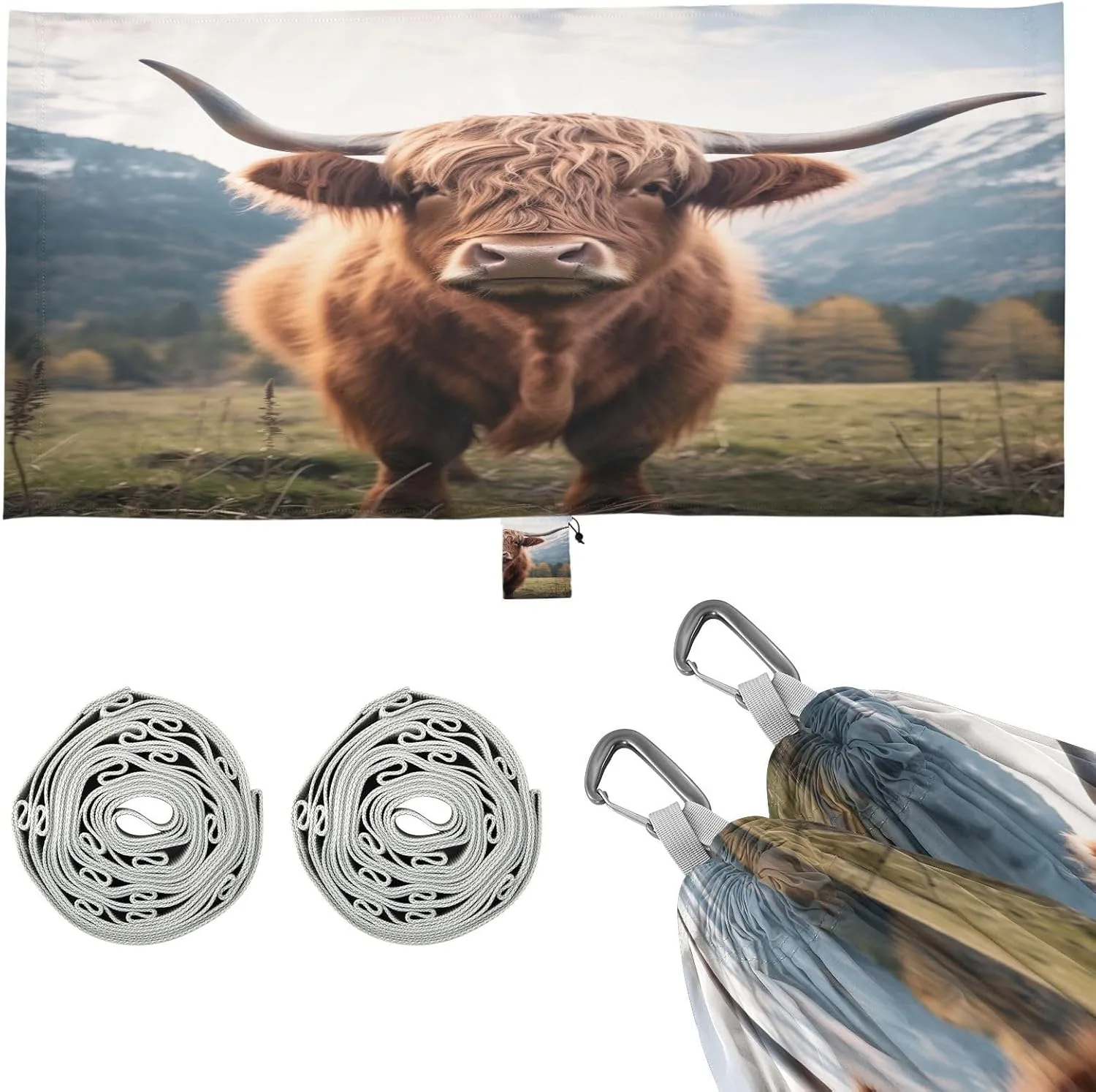 Highland Cow Camping Hammock, 330 lbs with 2 Tree Straps, Carry Bag, Single Portable Hammock for Outdoor/Indoor, Hiking, Beach, Backpacking, Travel