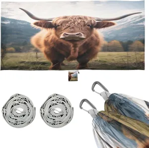 Highland Cow Camping Hammock, 330 lbs with 2 Tree Straps, Carry Bag, Single Portable Hammock for Outdoor/Indoor, Hiking, Beach, Backpacking, Travel