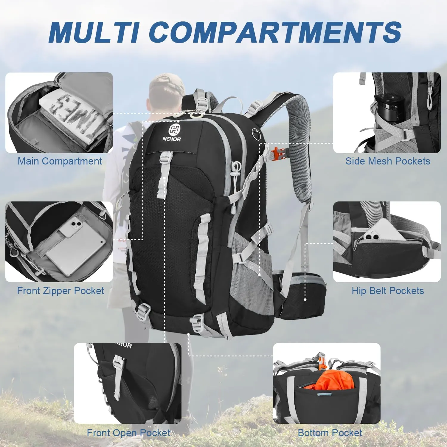 Hiking Backpack, 40L Lightweight Camping Backpack with Rain Cover, Water Resistant Large Hiking Bag Outdoor Travel Daypack for Men Women, Black