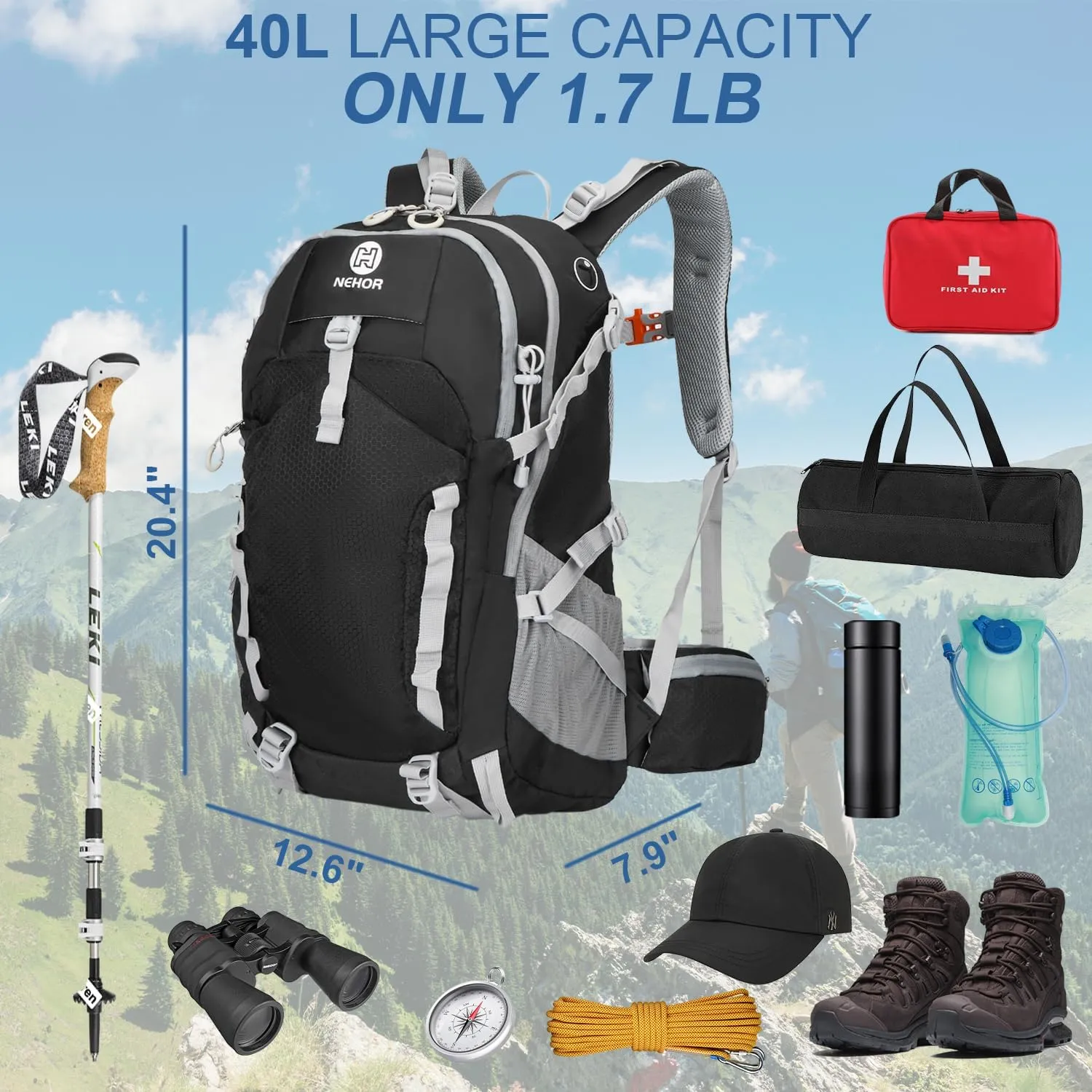 Hiking Backpack, 40L Lightweight Camping Backpack with Rain Cover, Water Resistant Large Hiking Bag Outdoor Travel Daypack for Men Women, Black