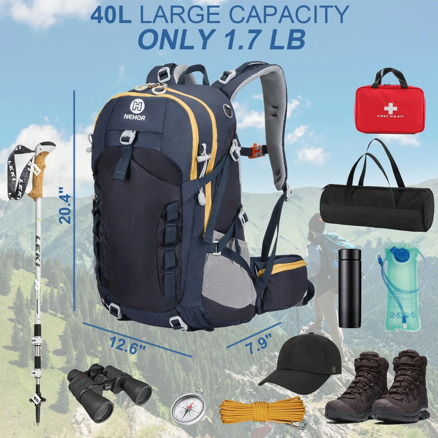 Hiking Backpack, 40L Lightweight Camping Backpack with Rain Cover, Water Resistant Large Hiking Bag Outdoor Travel Daypack for Men Women, Blue