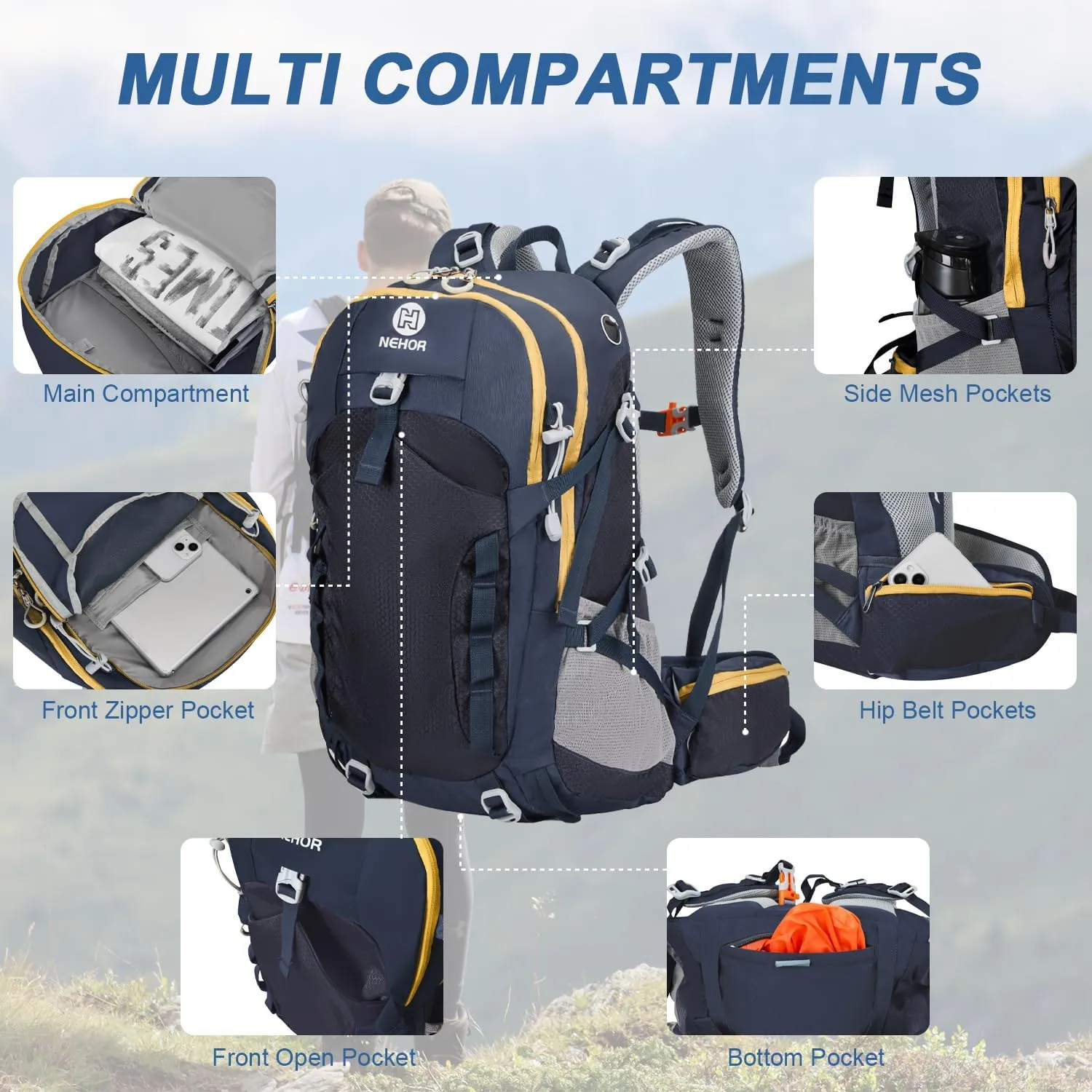 Hiking Backpack, 40L Lightweight Camping Backpack with Rain Cover, Water Resistant Large Hiking Bag Outdoor Travel Daypack for Men Women, Blue