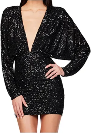 HOCO Dresses 2024 Sparkly Sequin Short Prom Dress for Women Sexy Deep V Neck Long Bat Sleeve Cocktail Party Dresses