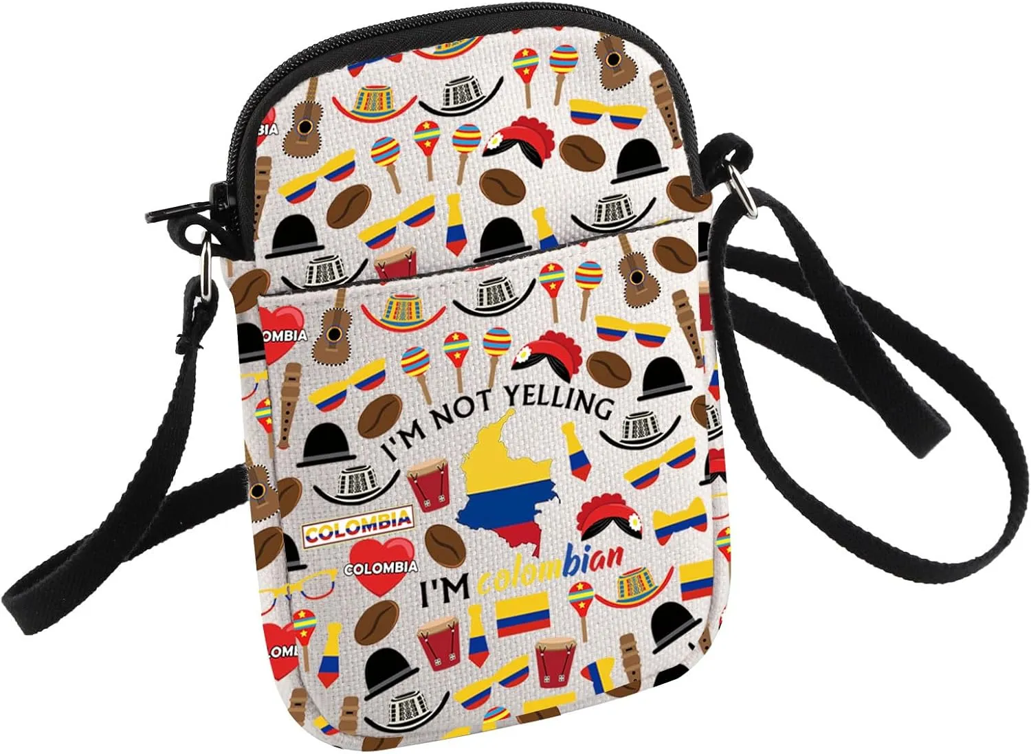 HOLLP Colombia Map Flag Crossbody Bag Souvenirs I'm Not Yelling I'm Colombian Small Sling Bag Colombian Gift
