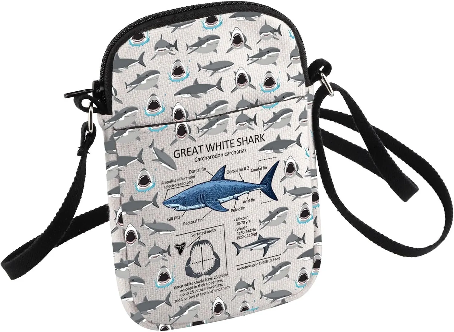 HOLLP Great White Shark Lover Gift Great White Shark Anatomy Crossbody Bag Ocean Animal Small Sling Bag